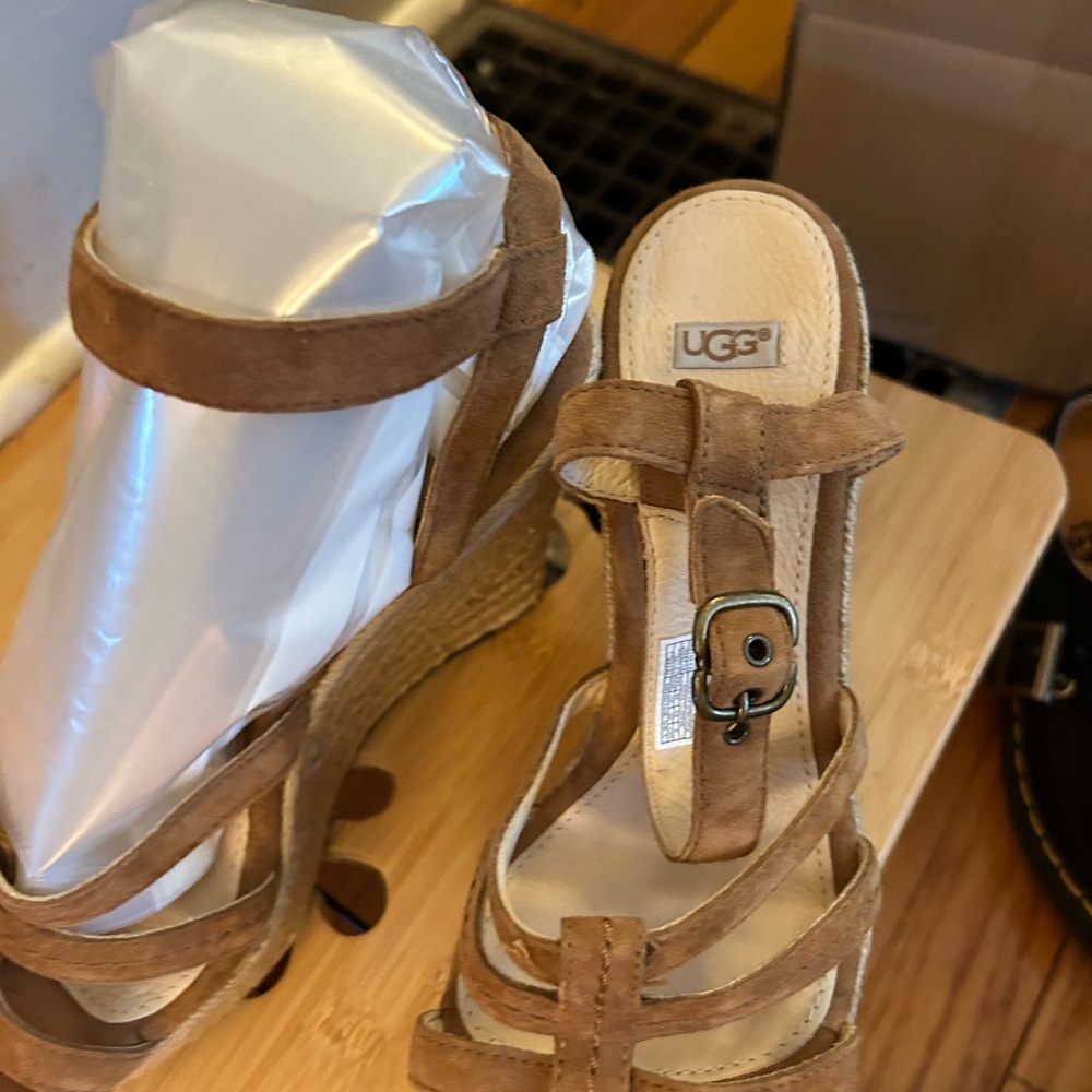 UGG Women's Suede Strappy Wedge Sandals in Brown